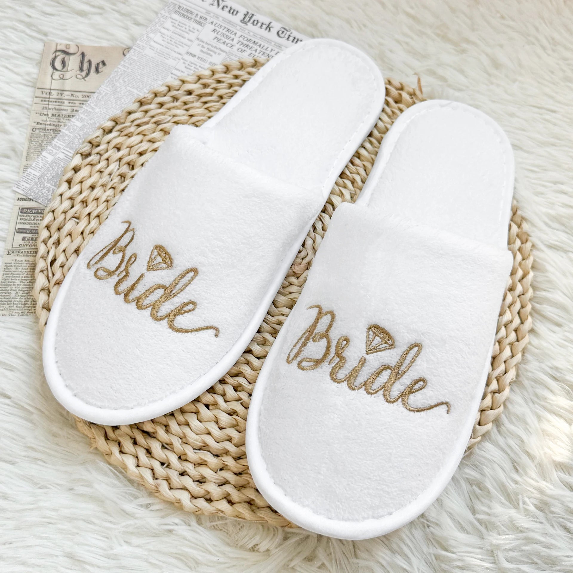 Bridal Party Slippers Set, Close-toe With Golden & Pink Embroidery, Lightweight Plush Cozy Flats, Non-slip Soft Sole For Bride