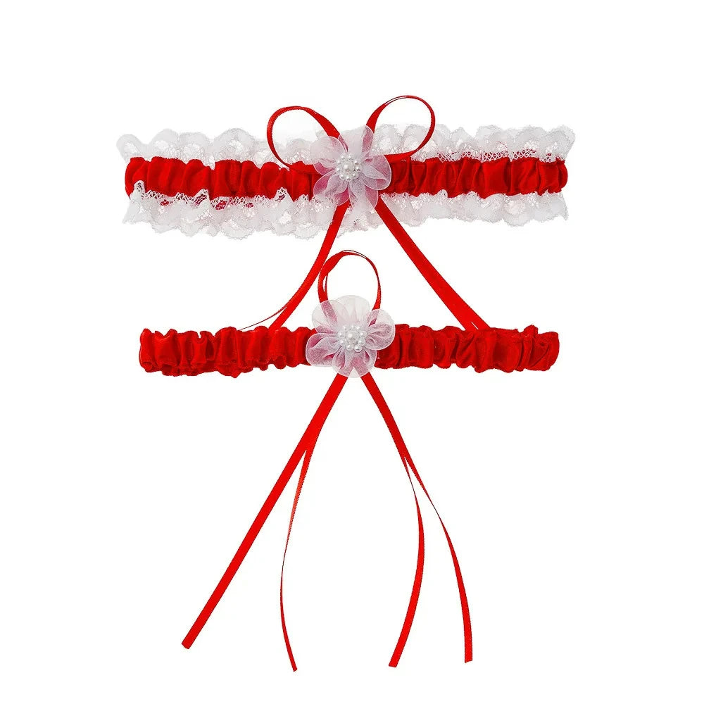 Satin Sash Flower and Pearl Bridal Garter Set