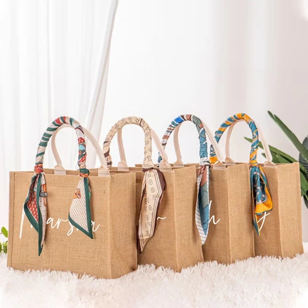 Personalized Bridesmaid Jute Tote Bags with Scarf Party Retro Beach Bag Bachelorette Gifts Girlfriend Gift for Her