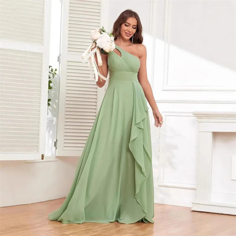 A Line Chiffon Bridesmaid Dresses One Shouder Slit Pleat Elegant Wedding Party Formal Prom Evening Lace Up Back