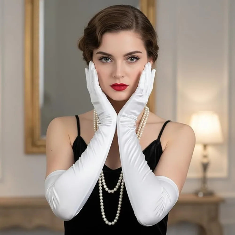 1 Pair Women Long Gloves with Satin, White Opera Glove, for Wedding 1920s Opera Tea Party Costumes Bridal Evening Dress Up
