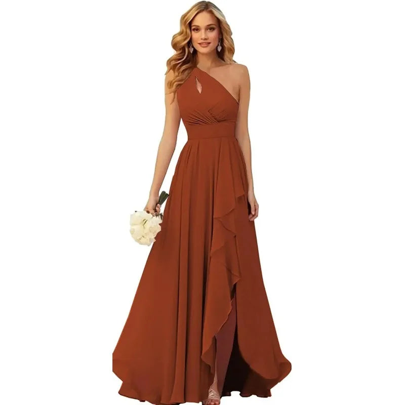 A Line Chiffon Bridesmaid Dresses One Shouder Slit Pleat Elegant Wedding Party Formal Prom Evening Lace Up Back