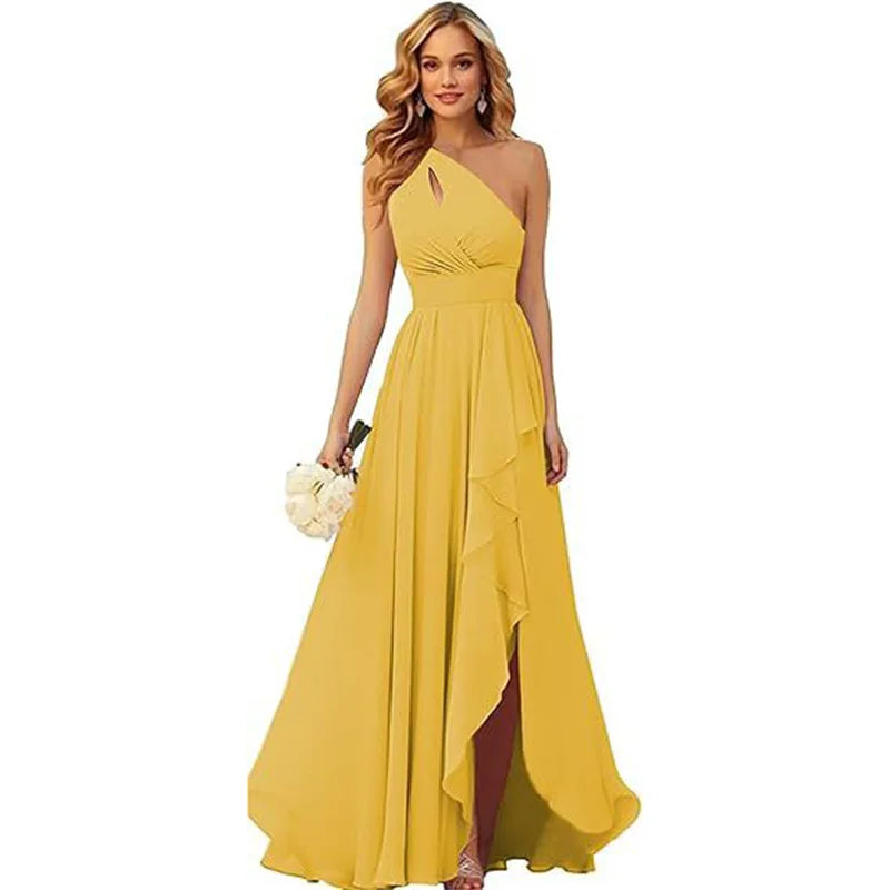 A Line Chiffon Bridesmaid Dresses One Shouder Slit Pleat Elegant Wedding Party Formal Prom Evening Lace Up Back