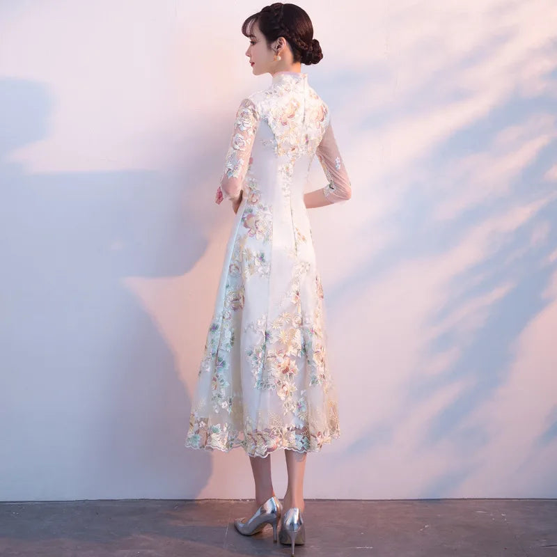 Floral Embroidered Satin Cheongsam Gown