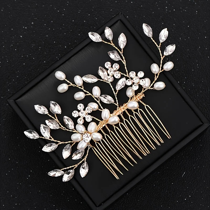 Handmade Pearl Leaf Hair Comb Fashion Alloy And Rhinestone Hairpin Bridal Wedding Hair Accessories Jewelry Hair Comb