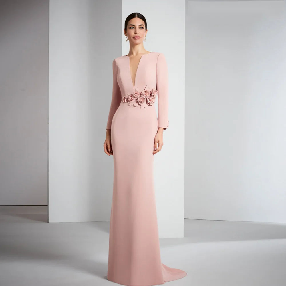 Elegant Pink Mother of the Bride Dresses V Neck Long Sleeves Customized Wedding Party Gowns Flowers Mermaid 2025 فساتين السهرة
