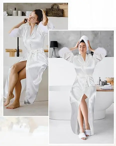 Long Satin Feather Trim Bridal Robe