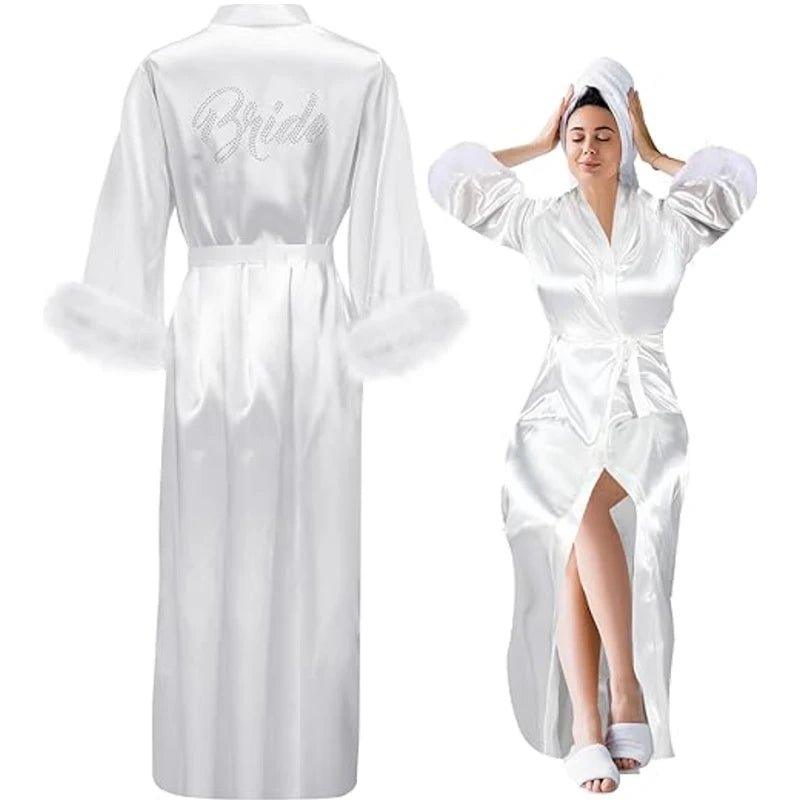 Long Satin Feather Trim Bridal Robe