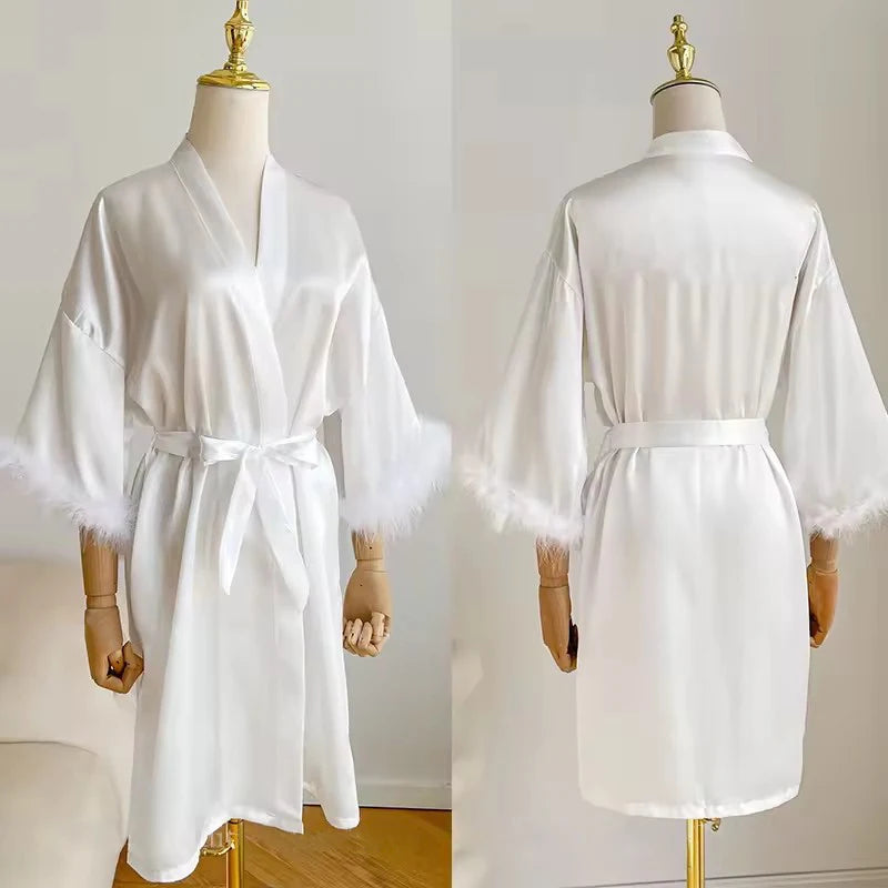 Feather Trim Satin Bridal Robe