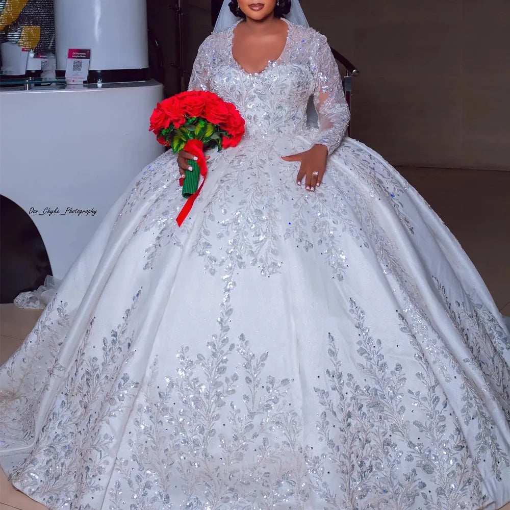 V-Neck Long-Sleeve Sequined Lace A-Line Wedding Dress