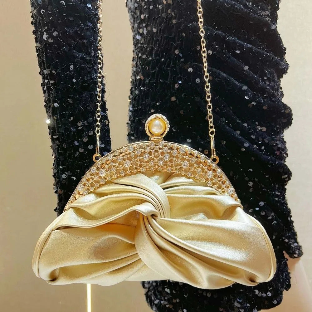 Sparkly Rhinestone Evening Clutch Pleated Satin-like Bridal Wedding Purse Glittery Chic Luxury Party Pochette Bride