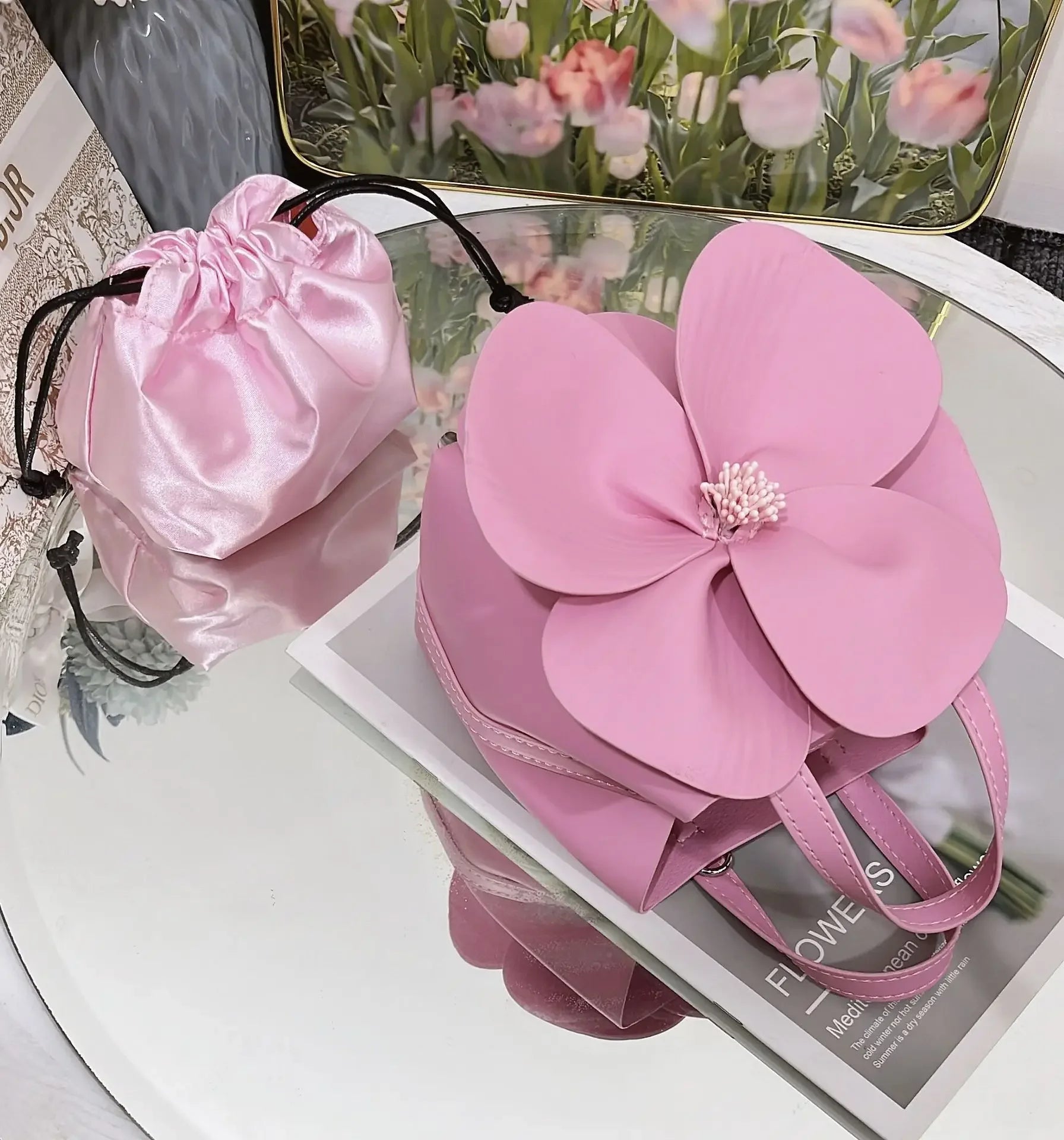 3D Floral Soft PU Leather Women Small Bucket Handbag Wedding Purse Dress Party Evening Bridal Clutch Bag