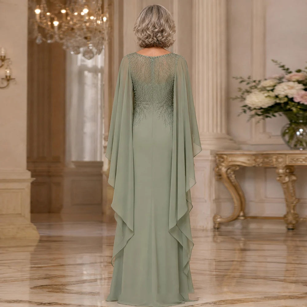 Customized Mother of The Bride Dress Cape Sleeves Pleated Scoop Neck Beading Chiffon Mermaid Wedding Guest Gowns Party Dresses