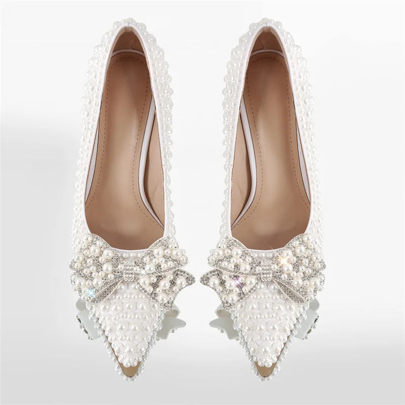 Onlymaker Women Pointed Toe White Bridal Pumps Slip-On Pearl Crystal 11CM Thin Heels Party Wedding Bride Stiletto Shoes