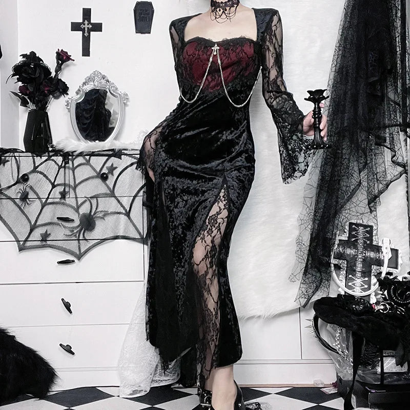 Goth Dark Elegant Mall Gothic Women Evening Dresses Grunge Aesthetic E-girl Velvet Midi Dress Lace Splice Sexy Split Alt Outfits