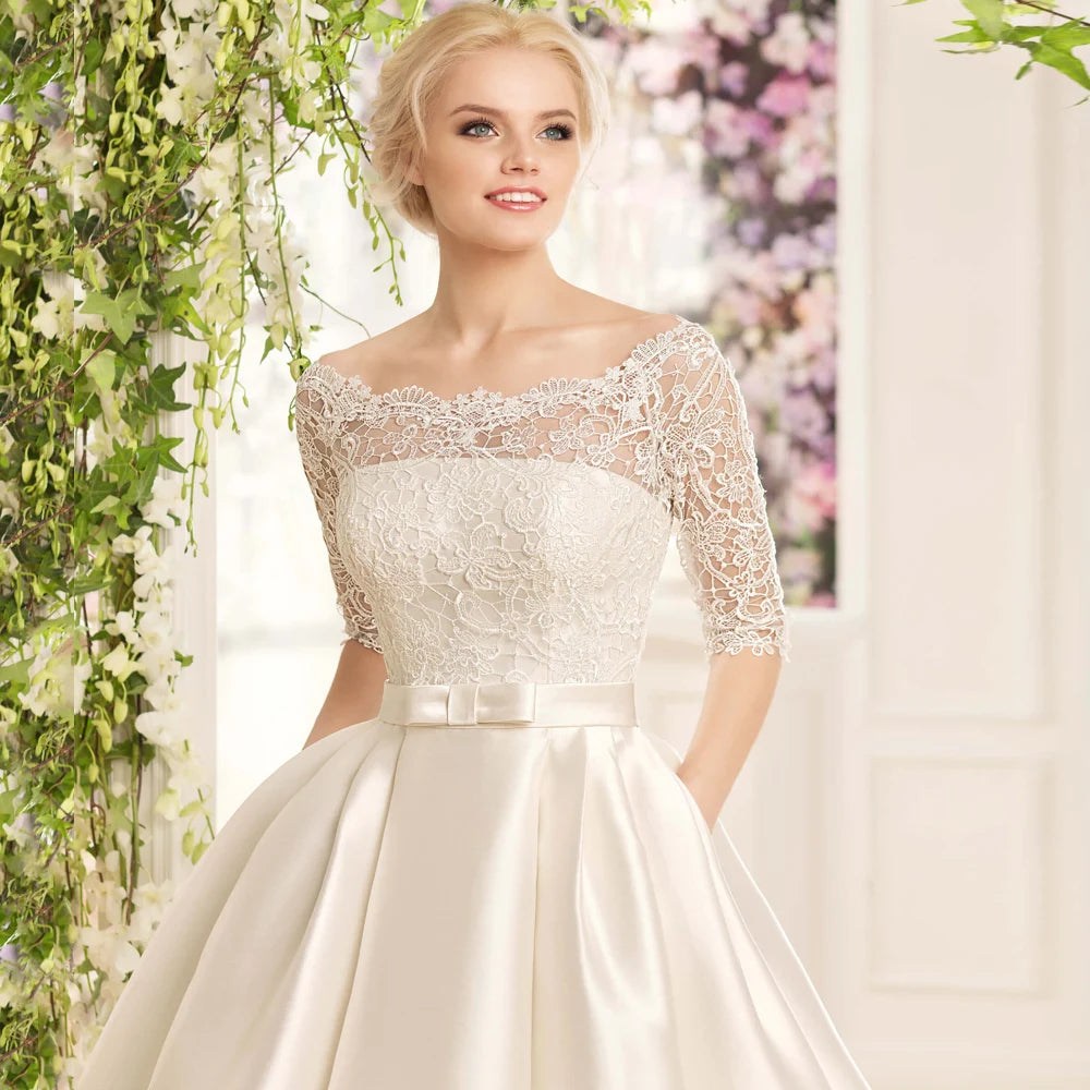Boat Neck Half Sleeve Satin A-Line Wedding Dress