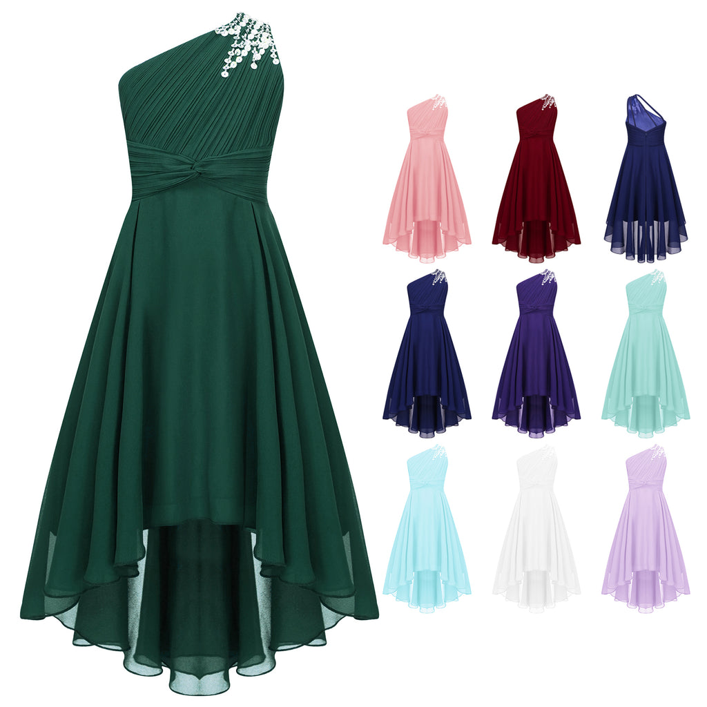 Kids Wedding Flower Girls Dress Shiny Beaded One Shoulder Chiffon Princess Dress Elegant Evening Pageant Birthday Party Gown