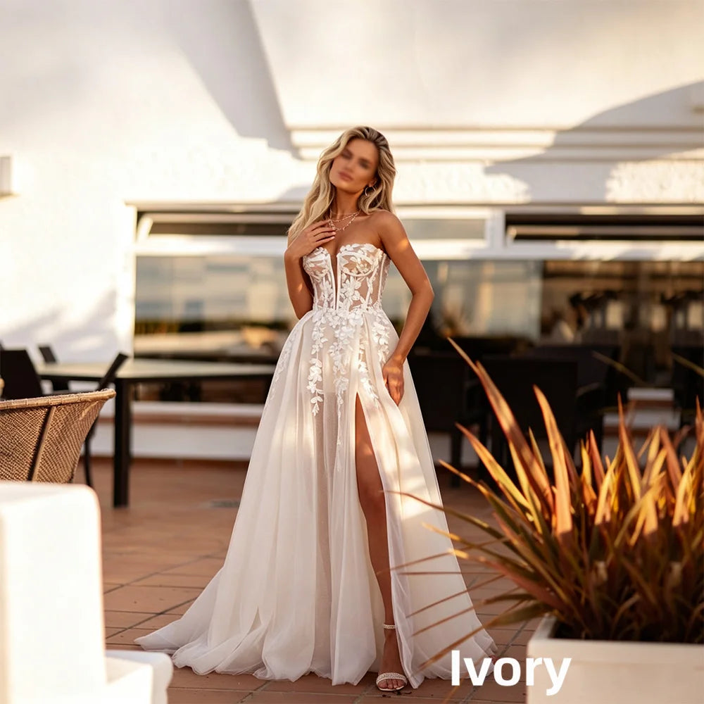 Floral Lace Corset Wedding Dress with High Slit