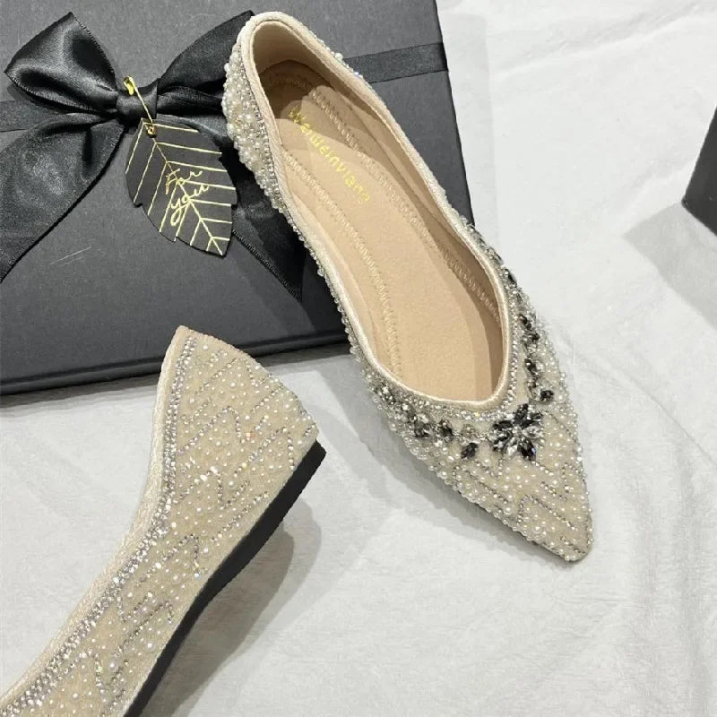 Luxury String Bead Rhinestone Brand Flat Shoes Women Comfort Square Toe Shallow Design Shoes Fashion Elegant Wedding Bridal Shoe