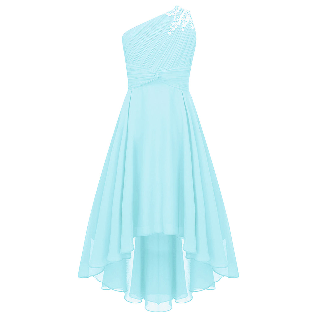 Kids Wedding Flower Girls Dress Shiny Beaded One Shoulder Chiffon Princess Dress Elegant Evening Pageant Birthday Party Gown