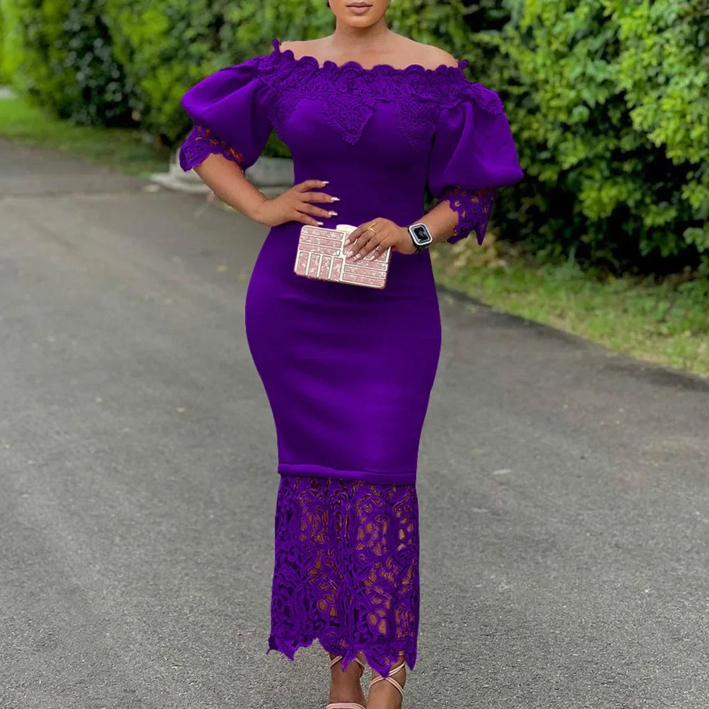 Off-Shoulder Lantern Sleeve Lace Sheath Dress