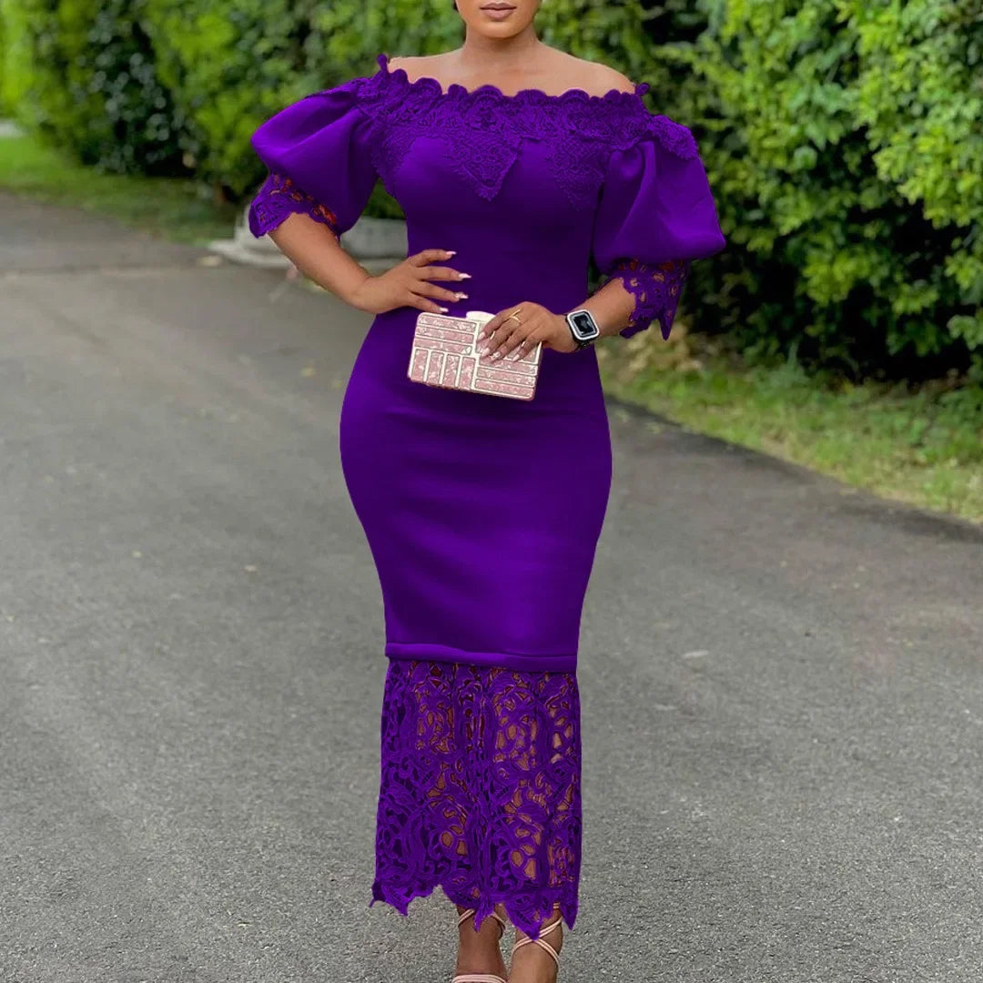 Off-Shoulder Lantern Sleeve Lace Sheath Dress