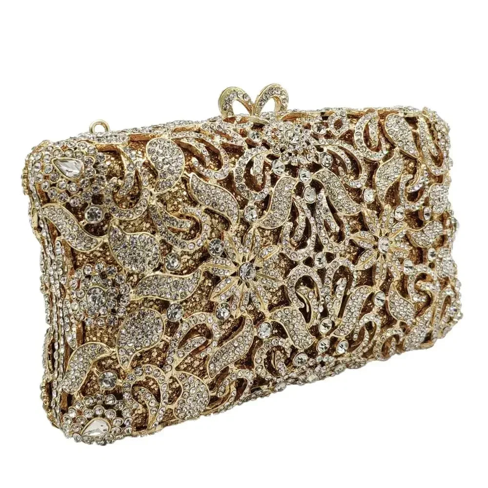 Boutique De FGG Handmade Flower Evening Bags and Clutches, Gold Rhinestone Clutch Purses and Handbags, Wedding Bridal CLutch Bag