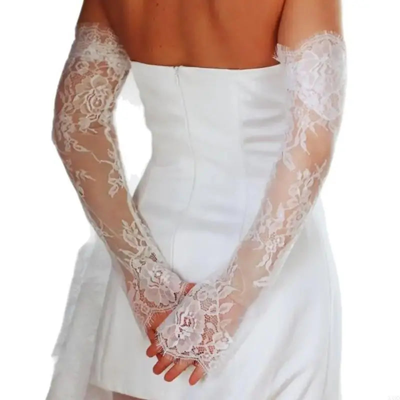 Long Sheer Bridal Gloves Elegant Lace Flower Fingerless Arm Sleeves for Weddings