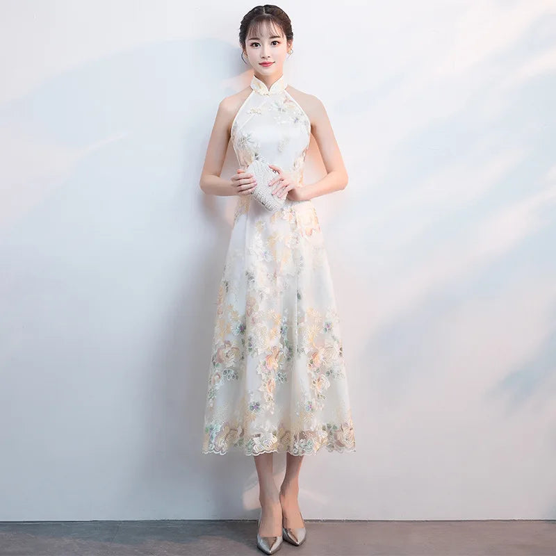 Floral Embroidered Satin Cheongsam Gown