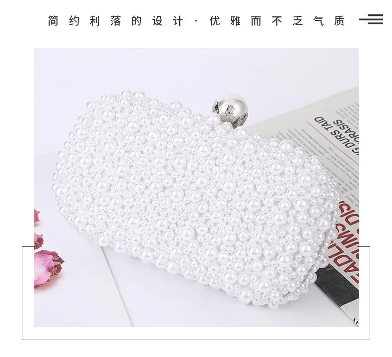 Elegant Pearl Evening Shoulder Bag Soft Small Square Purse with Lock for Women Wedding Bridal Crossbody Party