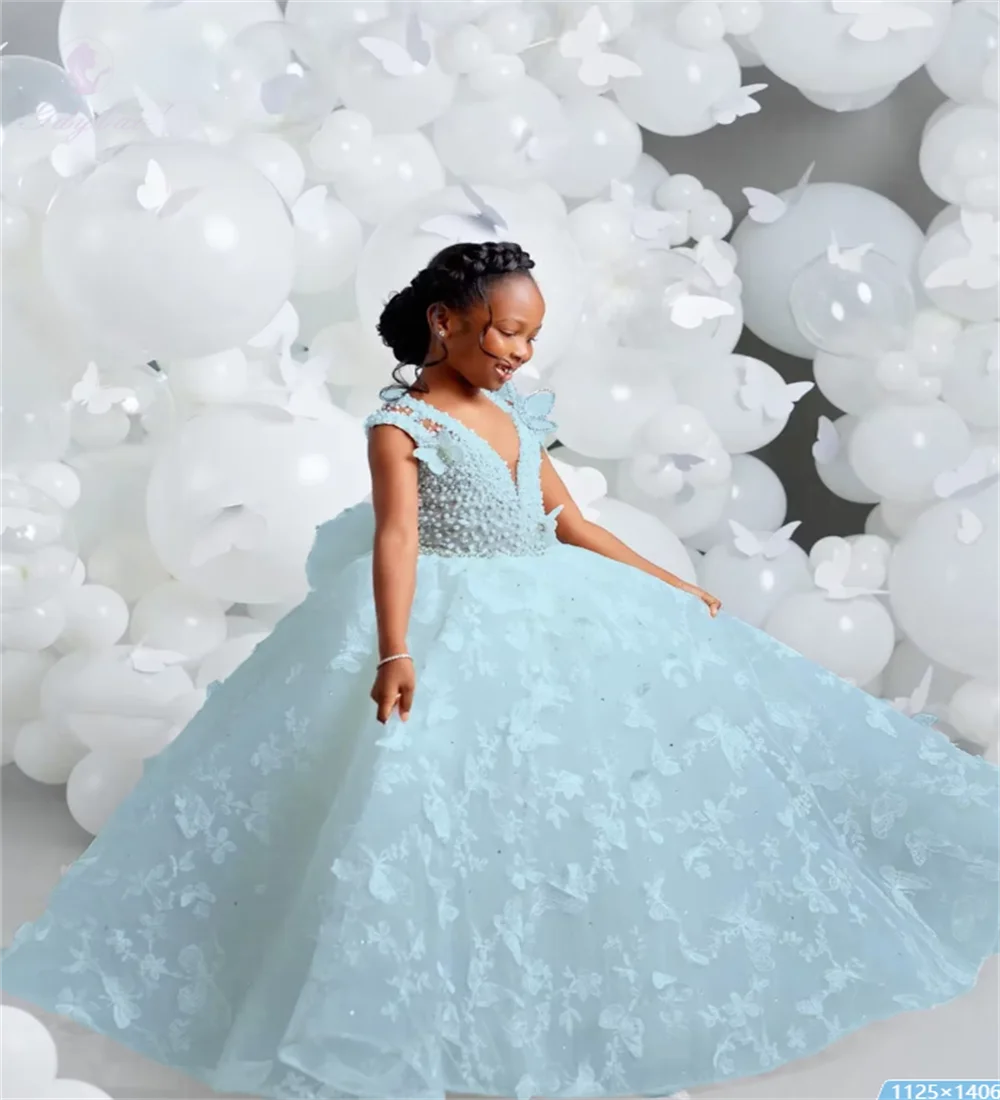 V-Neck Butterfly Pearl Flower Girl Dress