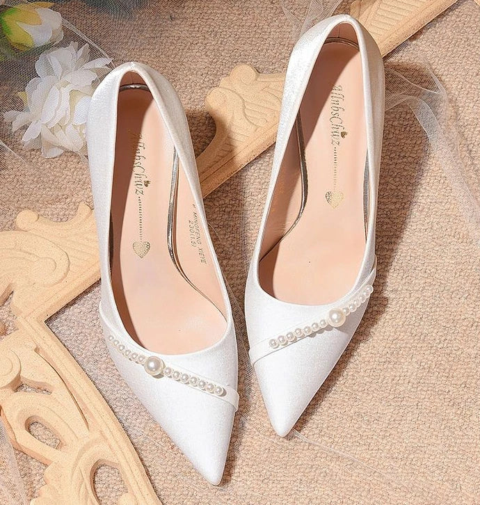 Women's Summer Footwear Bride Pumps Shoes for Woman 2025 Wedding Shoe on Heeled Pointed Toe Pearl Stilito High Heels Popular 39