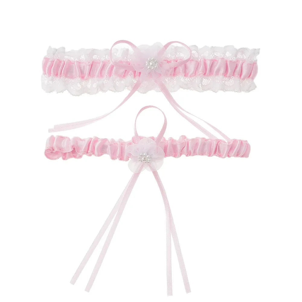 Wedding Garter with Flower and Pearls Satin Sash Bridal Accessories Cosplay Party Floral Elastic Leg Loop