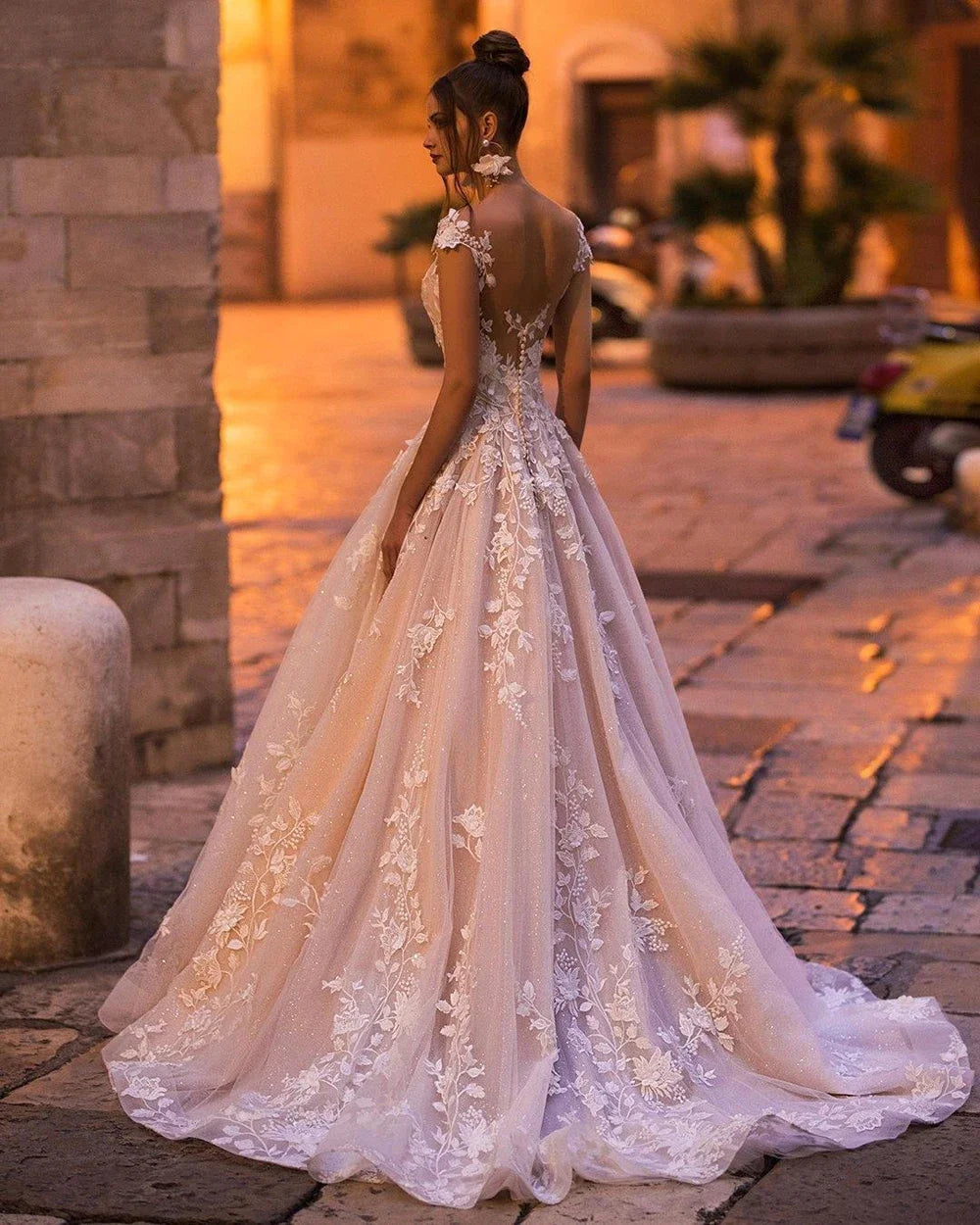 Boho Sheer Off-Shoulder Lace A-Line Wedding Dress