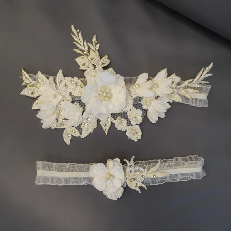 Kyunovia Sexy Lace Wedding Garter Bead Embroidery Flower Sexy Garters for Women Bride Thigh Ring Bridal Leg Garter 2pcs/Set KG21