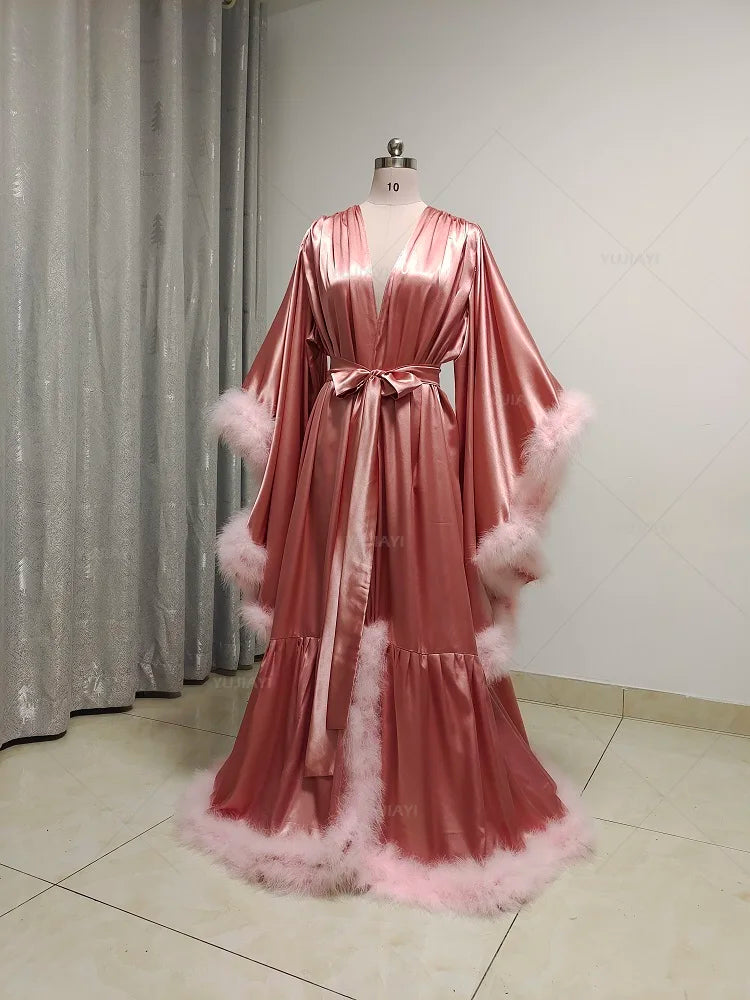 Customized Robe for Women Flare Sleeves Feather Bridal Robe Nightgown Silk Satin Wedding Party Dressing Gown Photography Dress