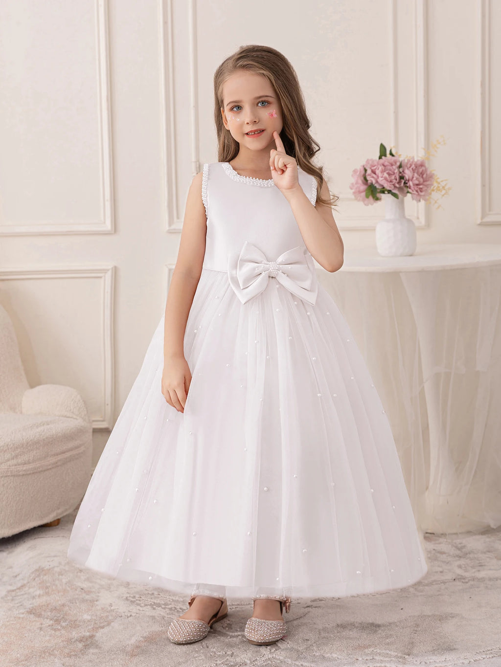 Girls Wedding White Dress Puffy Gauze Skirt Flower Children's Skirt Bridesmaid Evening Dress