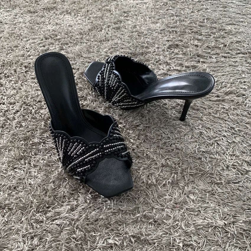 Elegant Summer High Heels Women Mules Sandals Open Toe Pearl Beaded Female Stilettos Slip on Party Wedding Dress Shoes Woman