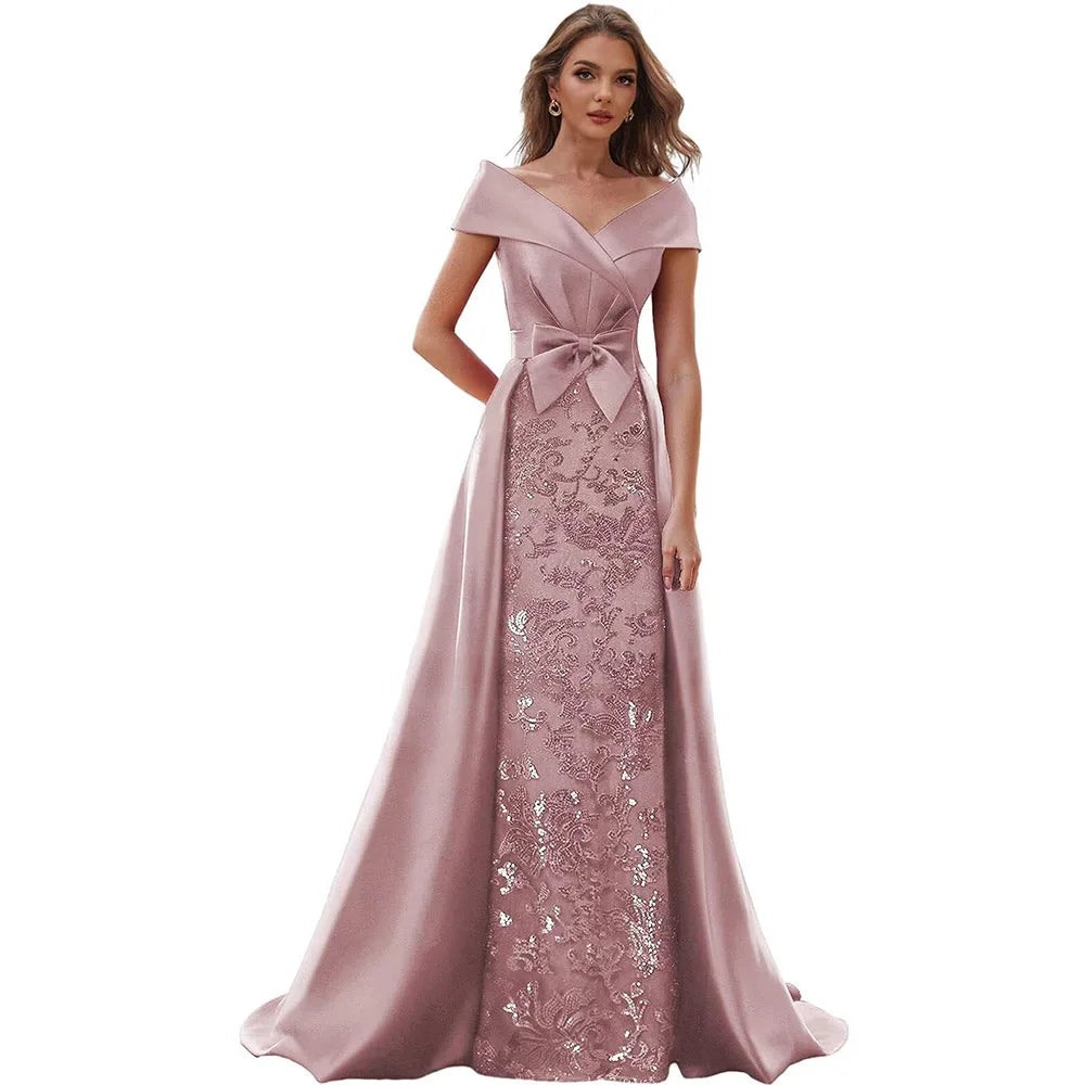 Customized Off The Shoulder Mother of The Bride Dresses for Women Wedding Guest Long Formal Dress with Bow Train 2025