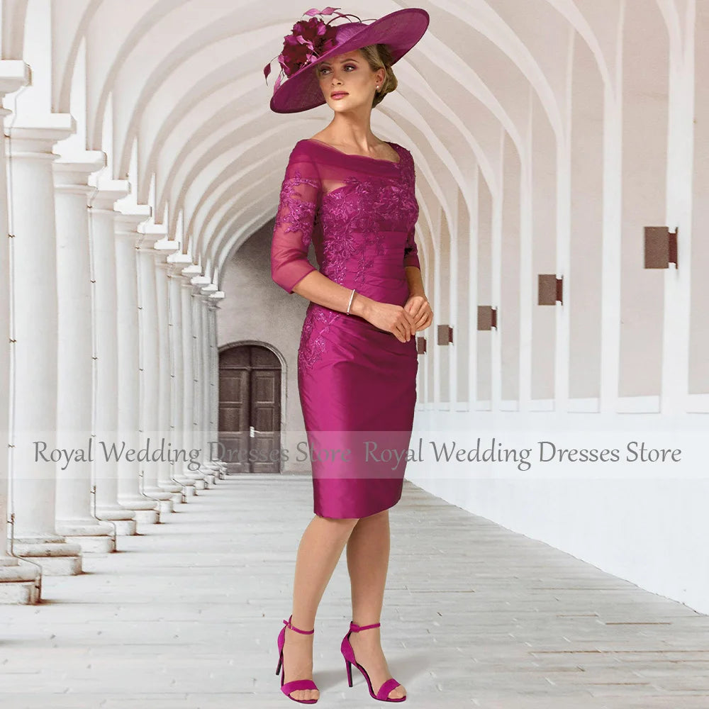 Silver Mother of the Bride Dresses Knee Length 3/4 Sleeves Elegant Wedding Guest Gowns Sheath/Column Applique Short Party Dress