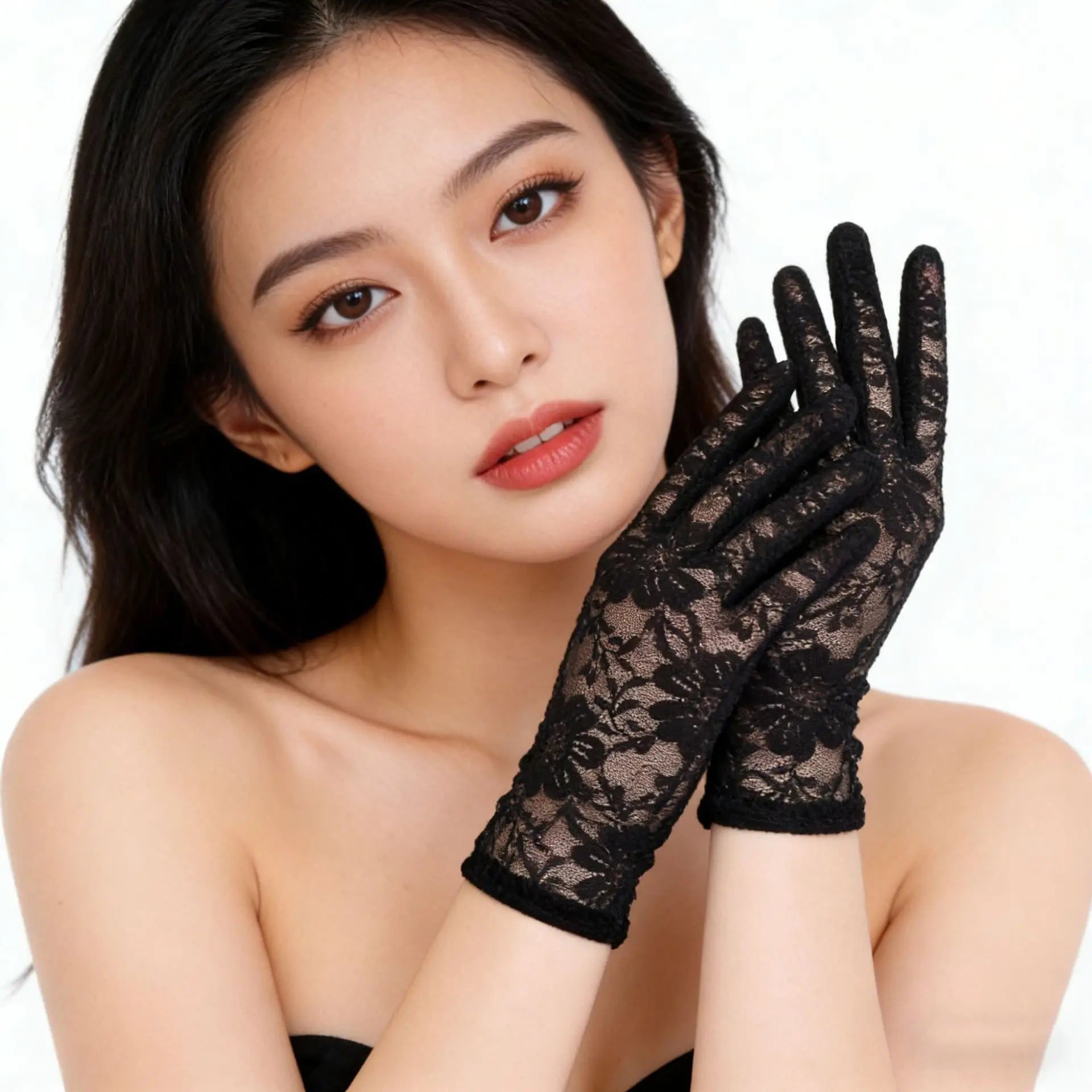 Short Printed Tulle Lace Bridal Gloves