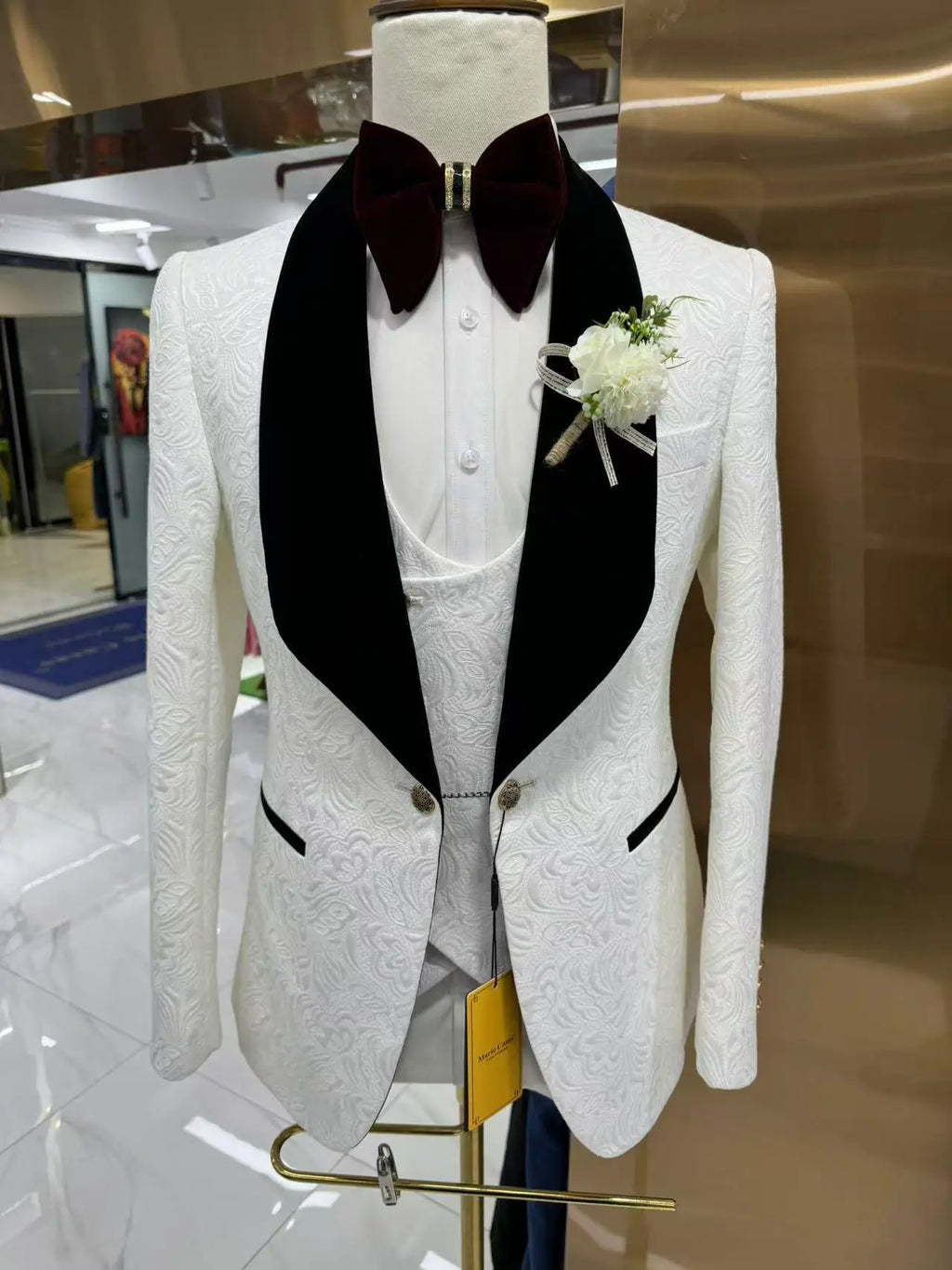 Thorndike Mens Wedding Suits White Jacquard with Black Satin Collar Tuxedo3 Pcs Groom Terno Suits for Men(Jacket+Vest+Pants)