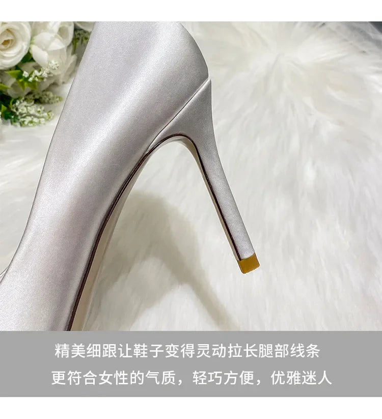 New White Champagne Women Bridal Wedding Shoes Faux Silk Satin Rhinestone Crystal Shallow Pumps Stiletto High Heel