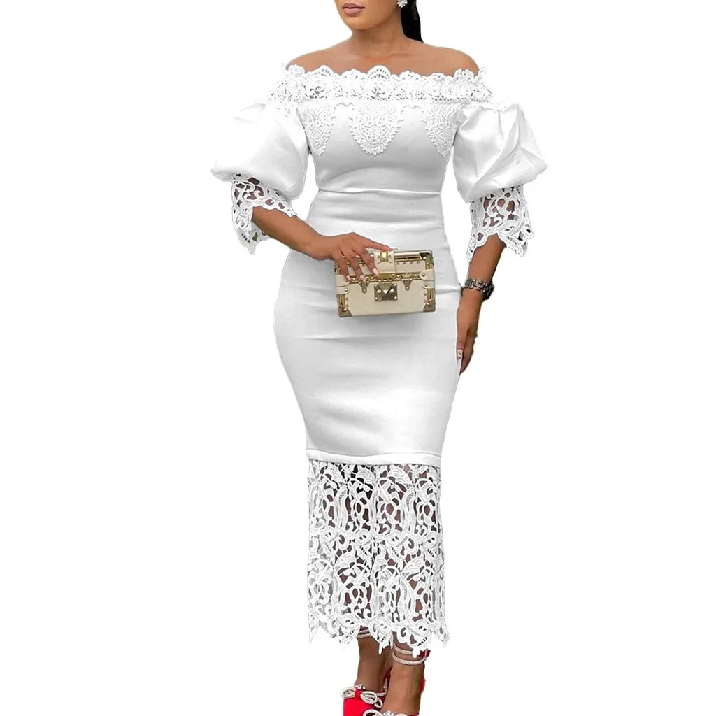 Off-Shoulder Lantern Sleeve Lace Sheath Dress