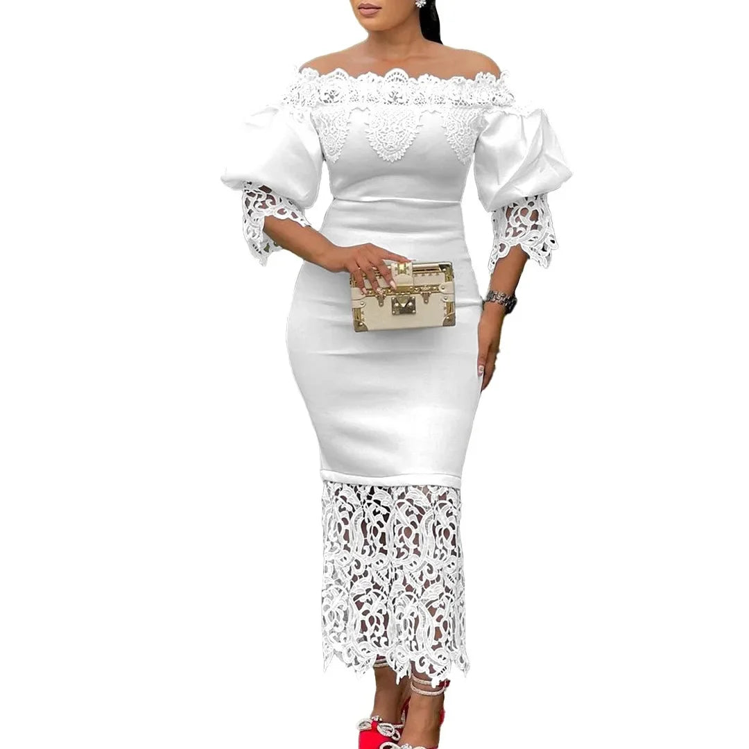 Off-Shoulder Lantern Sleeve Lace Sheath Dress