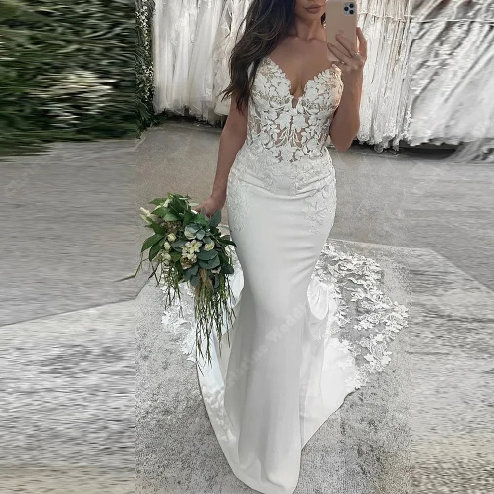 Elegant Women Women Wedding Dresses Sexy V-Neck Lace Printing Mermaid Robes Mopping Length Princess Vestido De Novias Customized