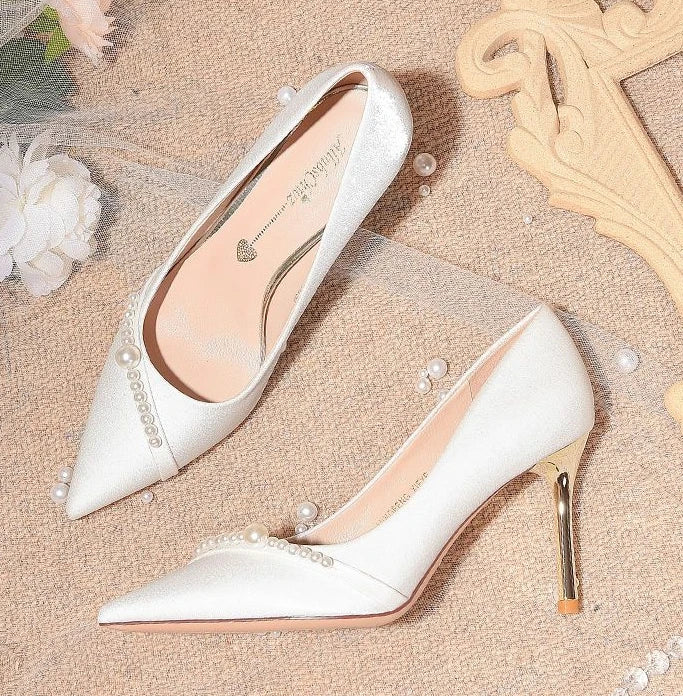 Women's Summer Footwear Bride Pumps Shoes for Woman 2025 Wedding Shoe on Heeled Pointed Toe Pearl Stilito High Heels Popular 39