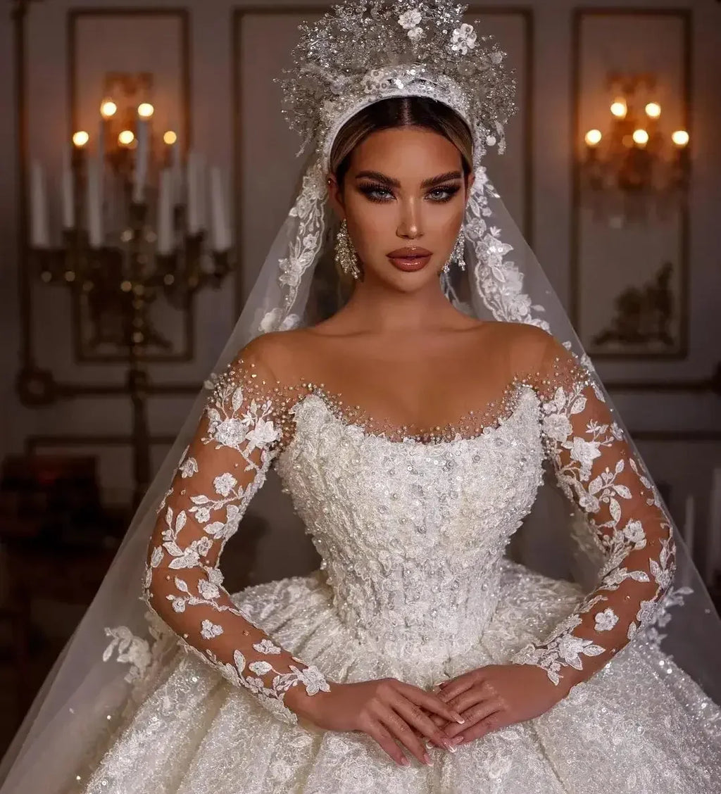 Long Sleeve Sequin & Pearl Illusion Wedding Dress