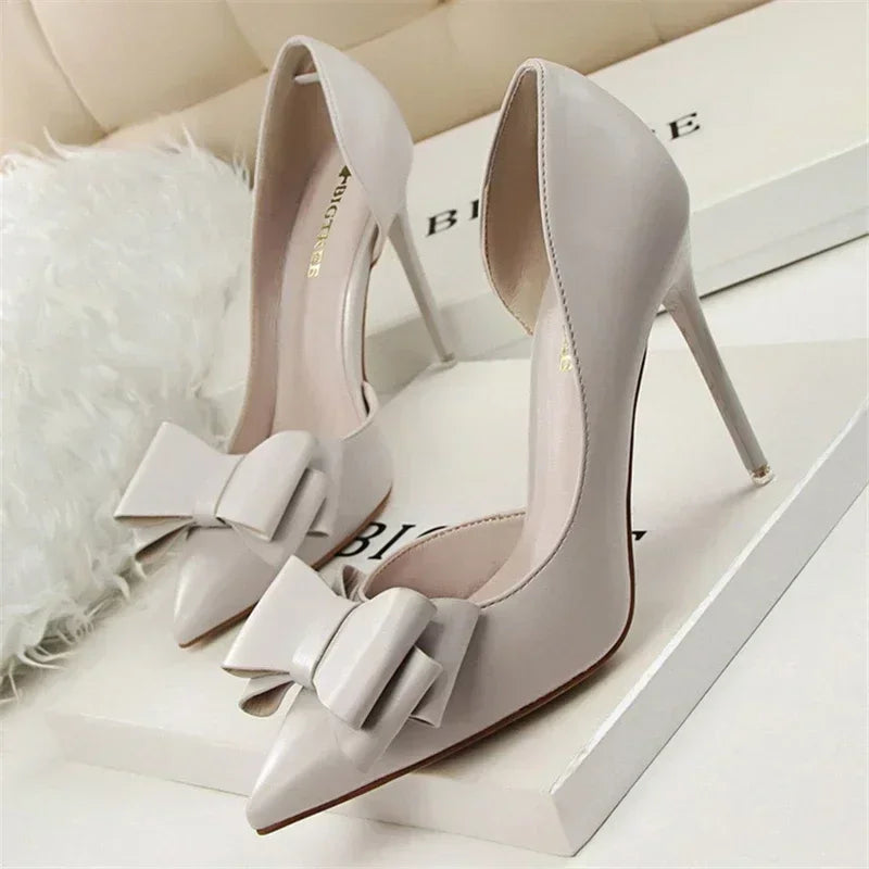 Spring Party Elegant Pink Butterfly-Knot High Heels Women Fashion Wedding Dress Pumps Side Hollowed Stiletto Shoes