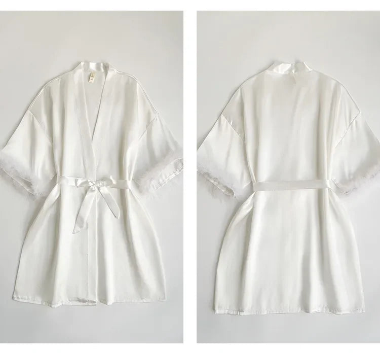 Feather Trim Satin Bridal Robe